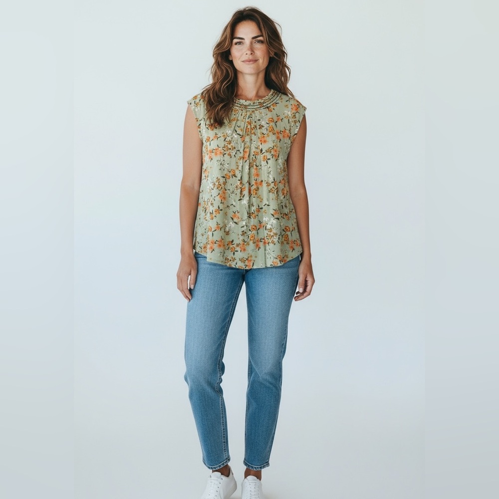 Daniel Rainn Floral Cap Rayon Sleeve Blouse Petite Small